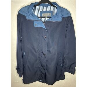 Liz Claiborne Blue Rain Coat Women's Medium Striped Lined Hooded‎ Button Up